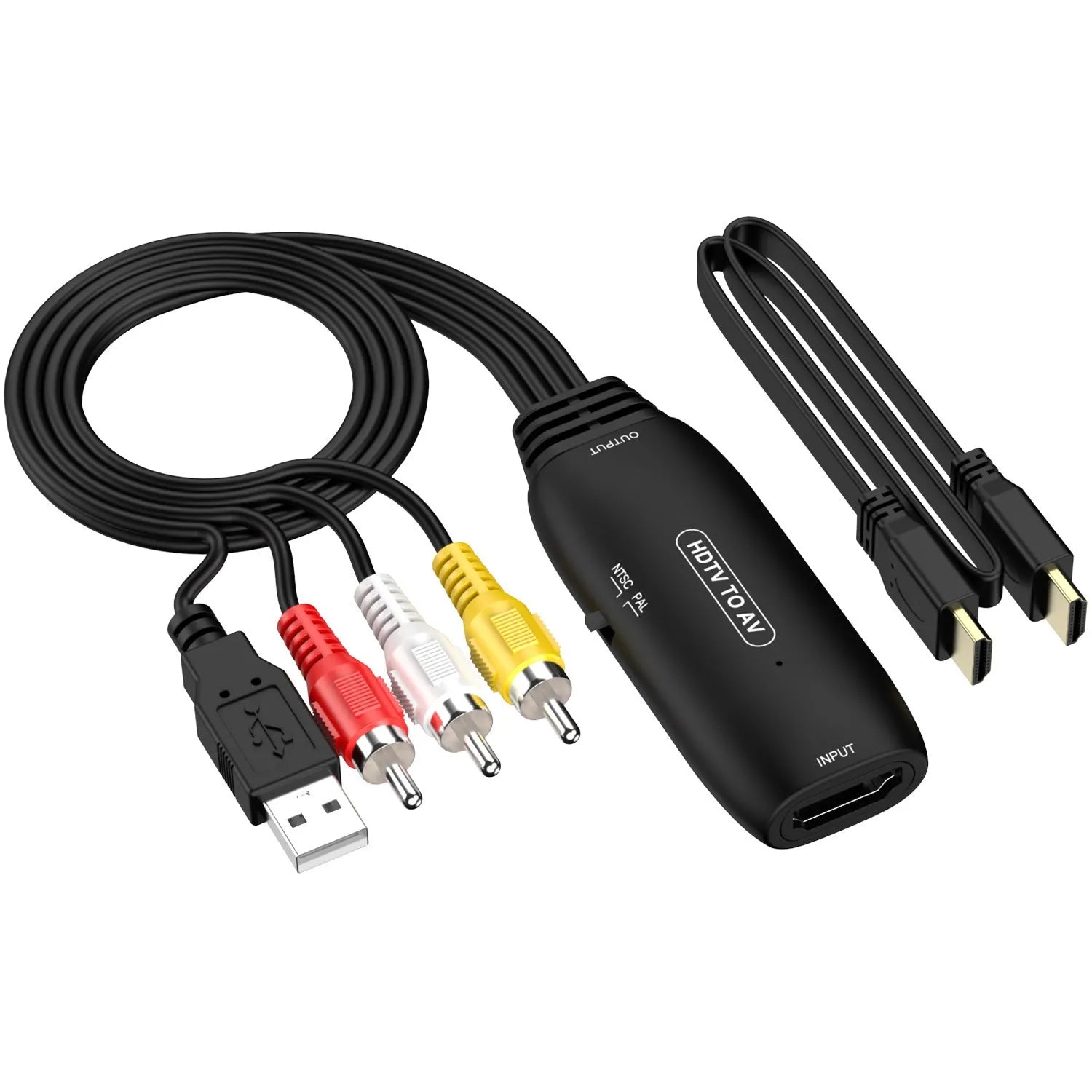 HDMI to AV converter adapter cable with 110cm length showing HDMI connector and dual AV output options