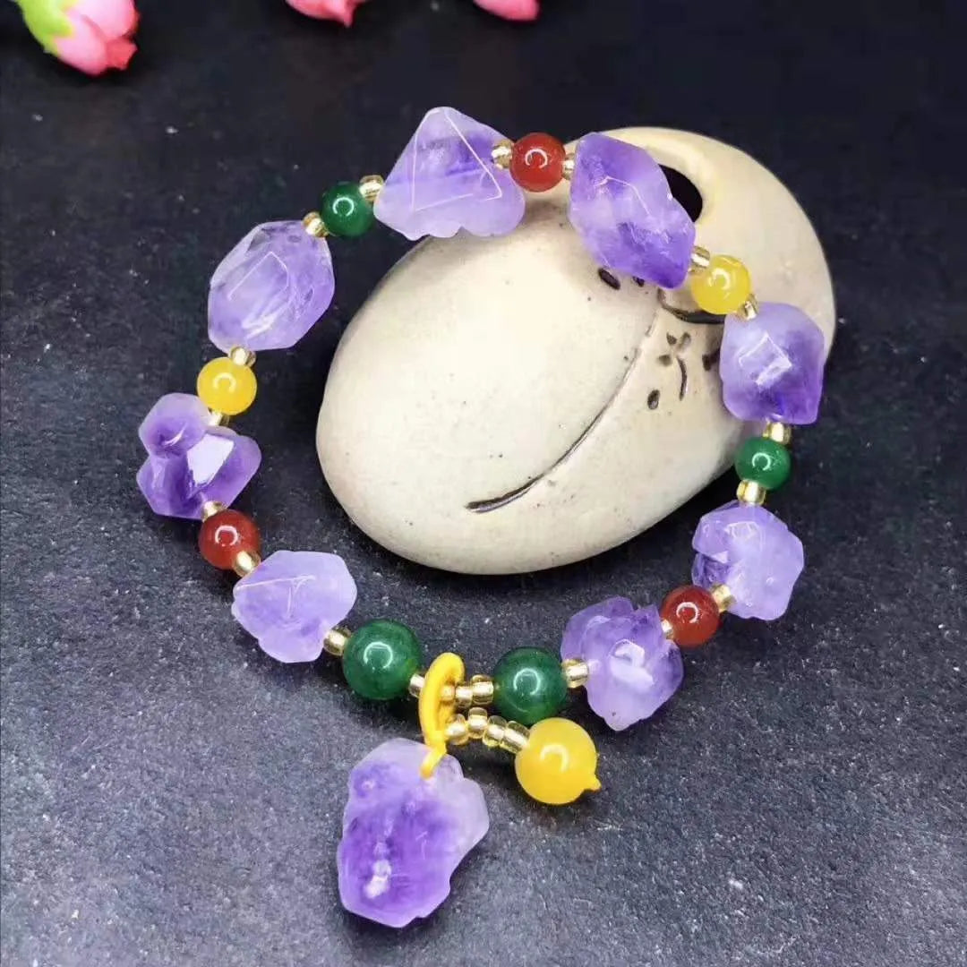Natural shaped amethyst bracelet with fu character charm for women's travel commemoration gifts