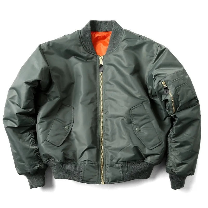 American Workwear Pilot Cotton-padded Jacket in army green, showing loose fit and double-sided nylon construction for men