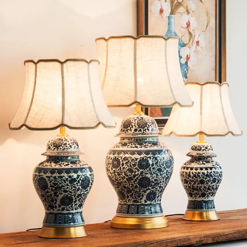 Chinese blue and white porcelain table lamp with handmade ceramic base and cloth shade