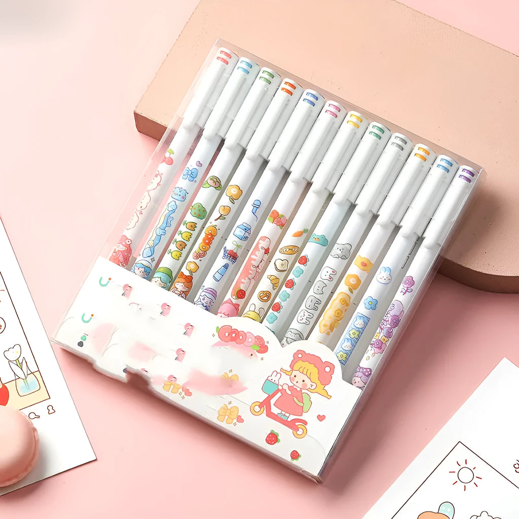 12-colour gel pen set with 0.5mm fine tips and plastic construction for office stationery
