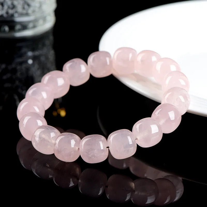 Natural Bamboo Crystal Barrel Bead Bracelet with 11-12mm pink geometric beads and grinding treatment finish