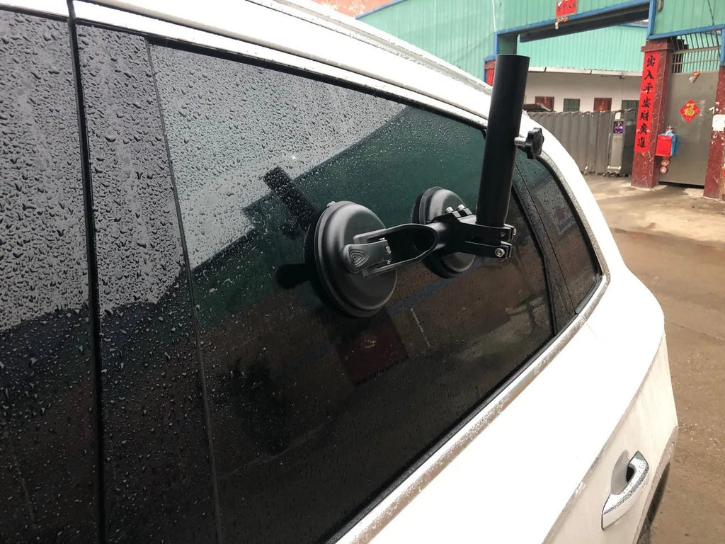 Black off-road car sucker base flagpole mount with round glass sucker and ABS plastic construction
