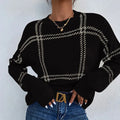 Women's plaid colour-block crew neck sweater in loose fit with apricot, black, beige stripes, red, and green pattern