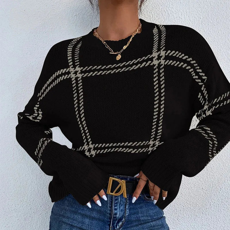 Women's plaid colour-block crew neck sweater in loose fit with apricot, black, beige stripes, red, and green pattern