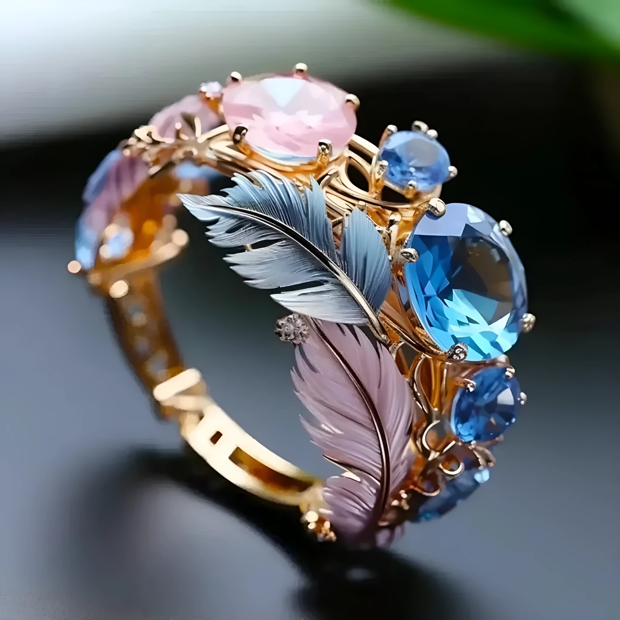 Gold colour brass feather ring with geometric embossed design and colourful zircon stone inlay