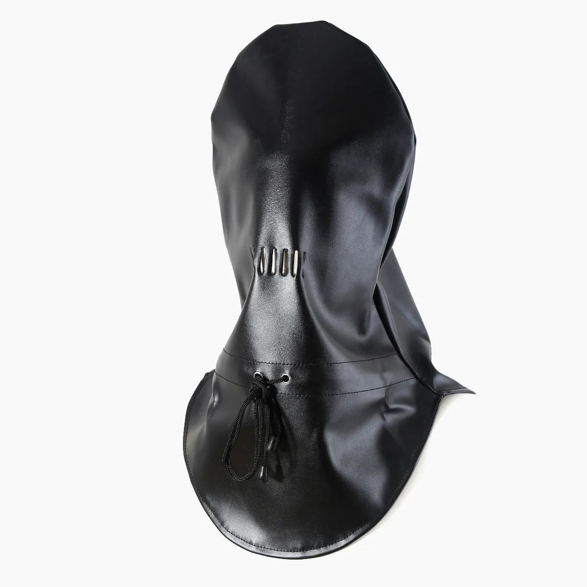 Black leather headgear mask with adjustable straps and breathable design