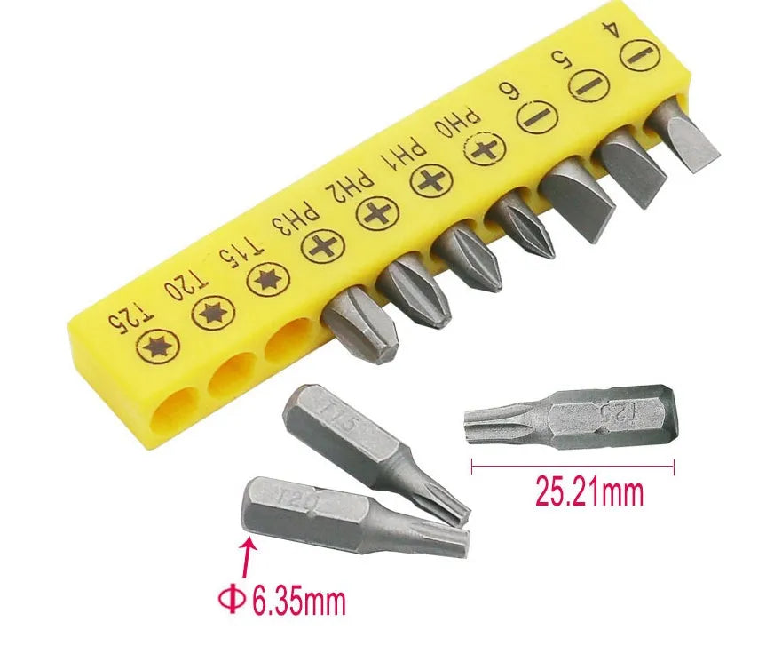 L-shaped double-headed steel socket wrench with ten hex screwdriver bits laid out.