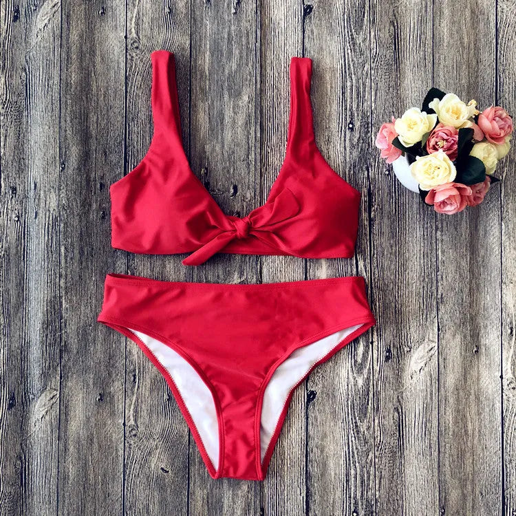 European and American bikini set in pure colours, showing tight fit and sleeveless design with bra and panties