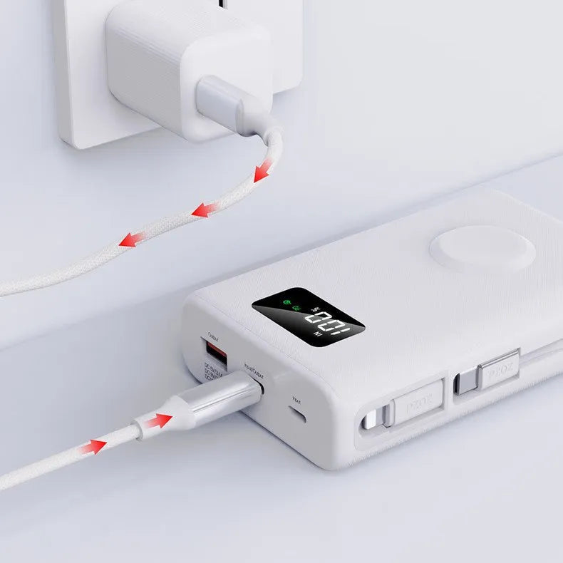 White and black wireless charging power bank with 20000mAh capacity and seven charging ports