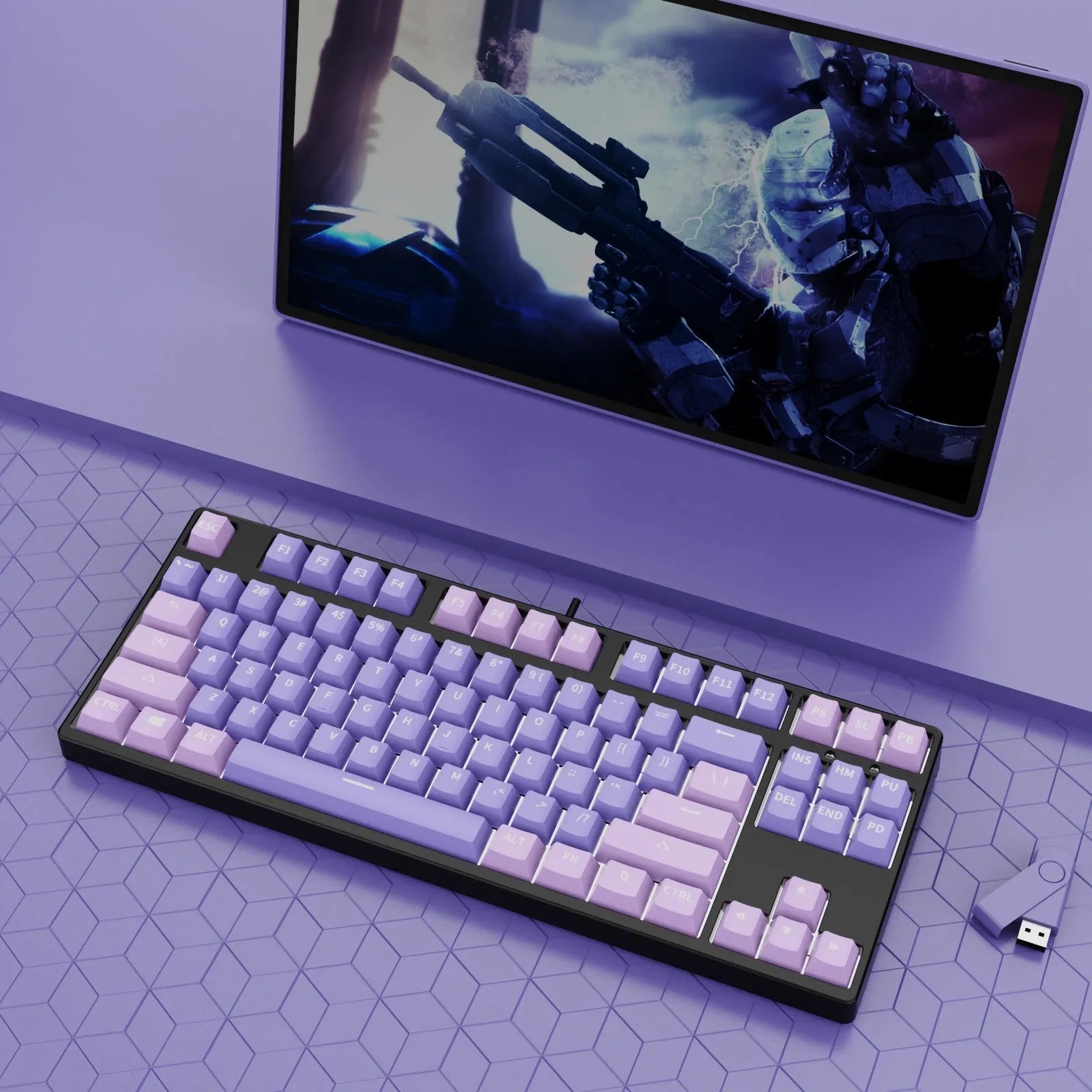 87-key wired mechanical keyboard with two-tone keycaps and metal frame, showing compact design and included tools