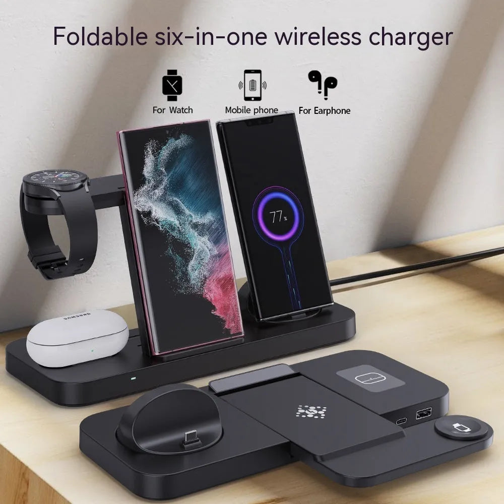 B-21 three-in-one wireless charging station for phone, watch, and headphones in black and white colour options.