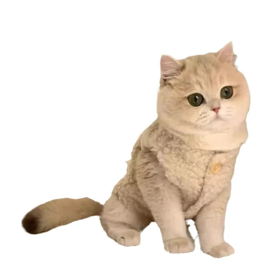 Apricot polar fleece cat winter vest shown on cat with size guide for XS to XL