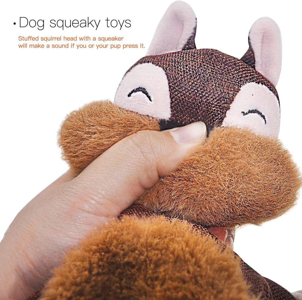 Brown fox dog toy with embroidered eyes, cotton rope arms and legs, and stuffless plush body