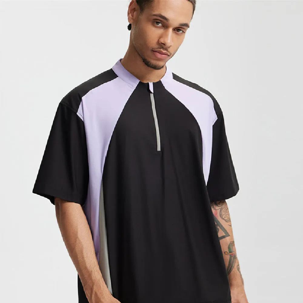 Men's lightweight polyester top in black or beige with long or short sleeves, solid colour pattern, sizes M XL for leisure wear
