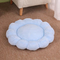 Blue half-surrounded plush pet bed with multi-colour petals, measuring 50x50cm, for cats and small dogs.