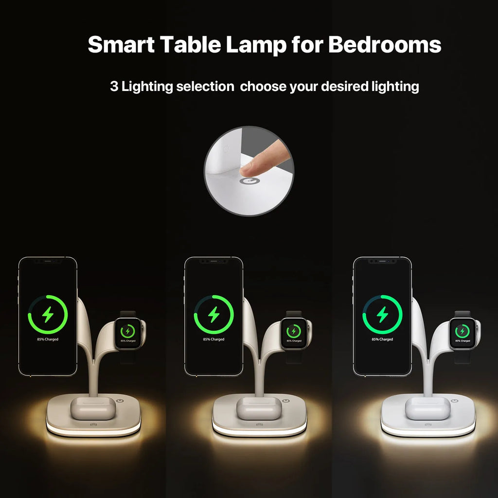 Black or white desktop wireless charging stand holding a phone, with outputs for headphones and a watch.