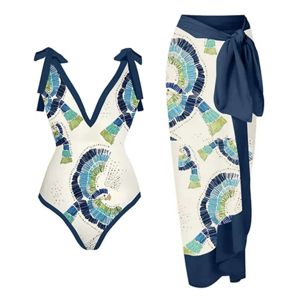Retro French style one-piece swimsuit with optional matching gauze skirt in blue or pink colour options