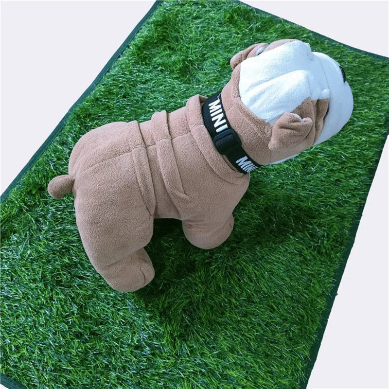 Green washable dog grass pee pad on a patio for pet potty training