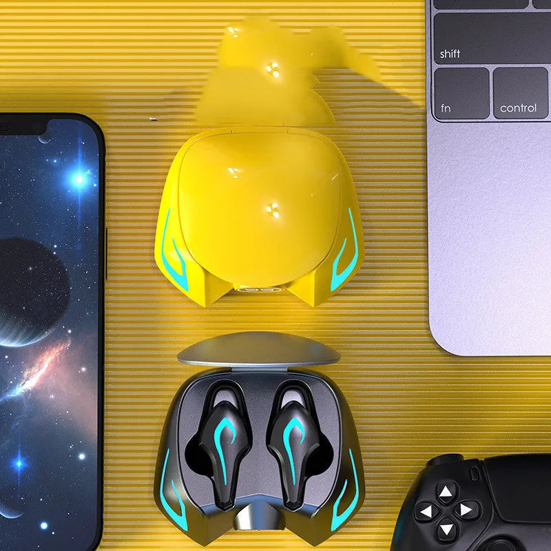 Gaming Bluetooth headset with earplug design in black grey, yellow, or cool black colour options showing wireless earpieces