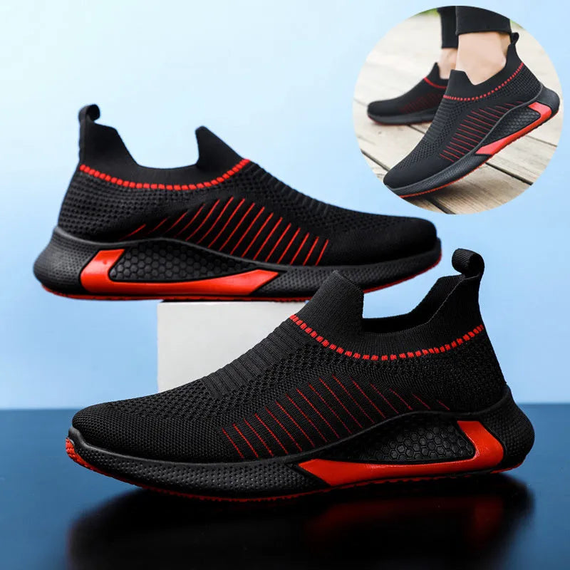 Men's mesh sock shoes with striped design, Flyknit upper, and plastic sole in black-white colour, size 42
