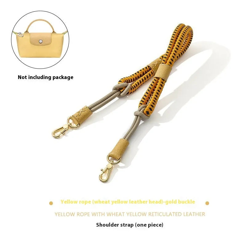 Braided nylon and cowhide rope shoulder strap with alloy buckle in gold or silver, shown in 78cm and 100cm lengths.