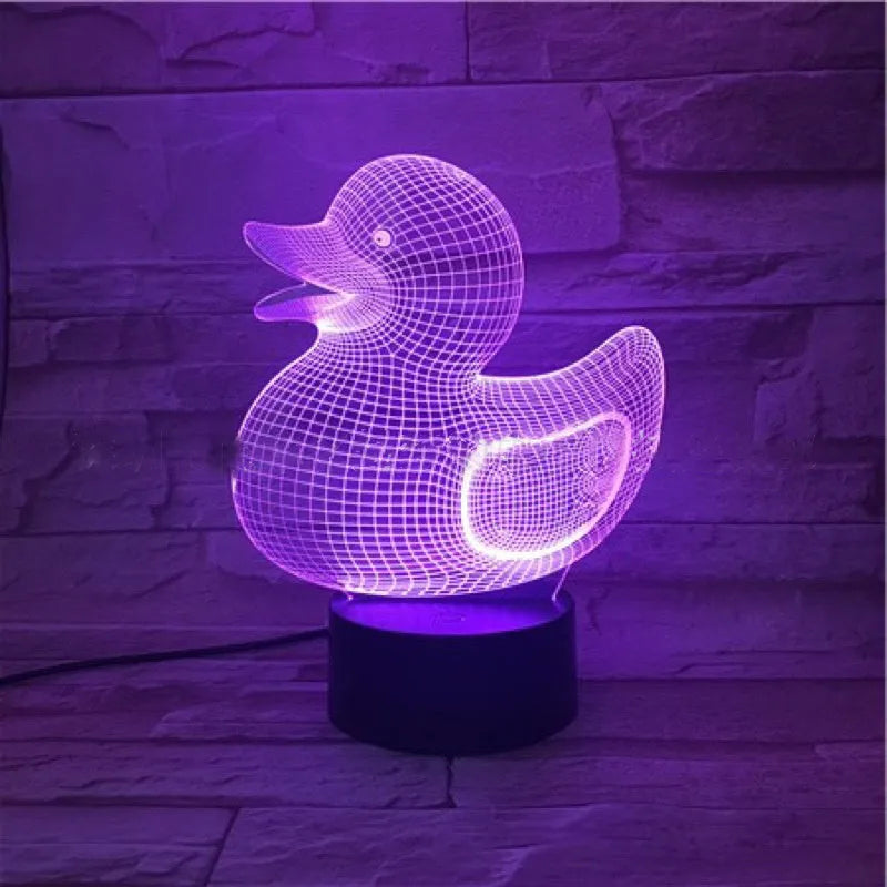 Little Yellow Duck 3D night light with acrylic panel and ABS base, showing colour options and remote control