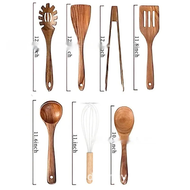 7-piece wooden kitchen utensil set showing spoons and spatulas with solid wood construction