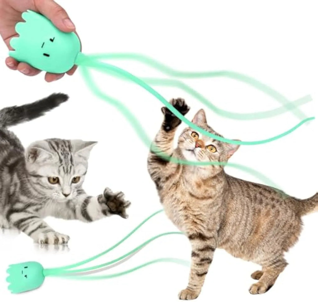 Green automatic cat wand toy with swinging silicone tails, 38cm length, for indoor cat entertainment