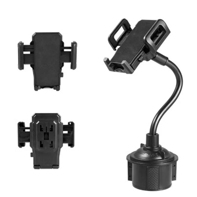 Black car phone mount bracket with adjustable side handles, suction cup, and vent clip