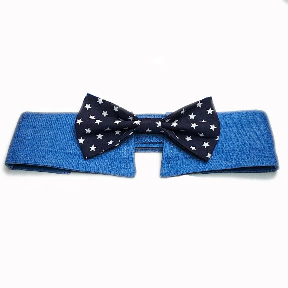 Blue denim dog collar with an adjustable fastener and a choice of bow tie or necktie in a star pattern.