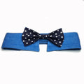 Blue denim dog collar with an adjustable fastener and a choice of bow tie or necktie in a star pattern.