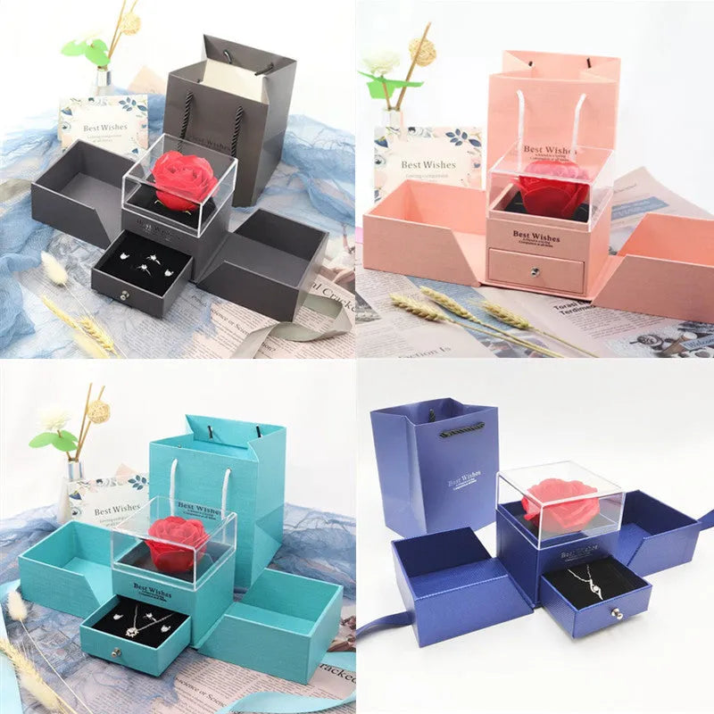 Blue Valentine's Day jewellery gift box with a decorative white plastic rose inside.
