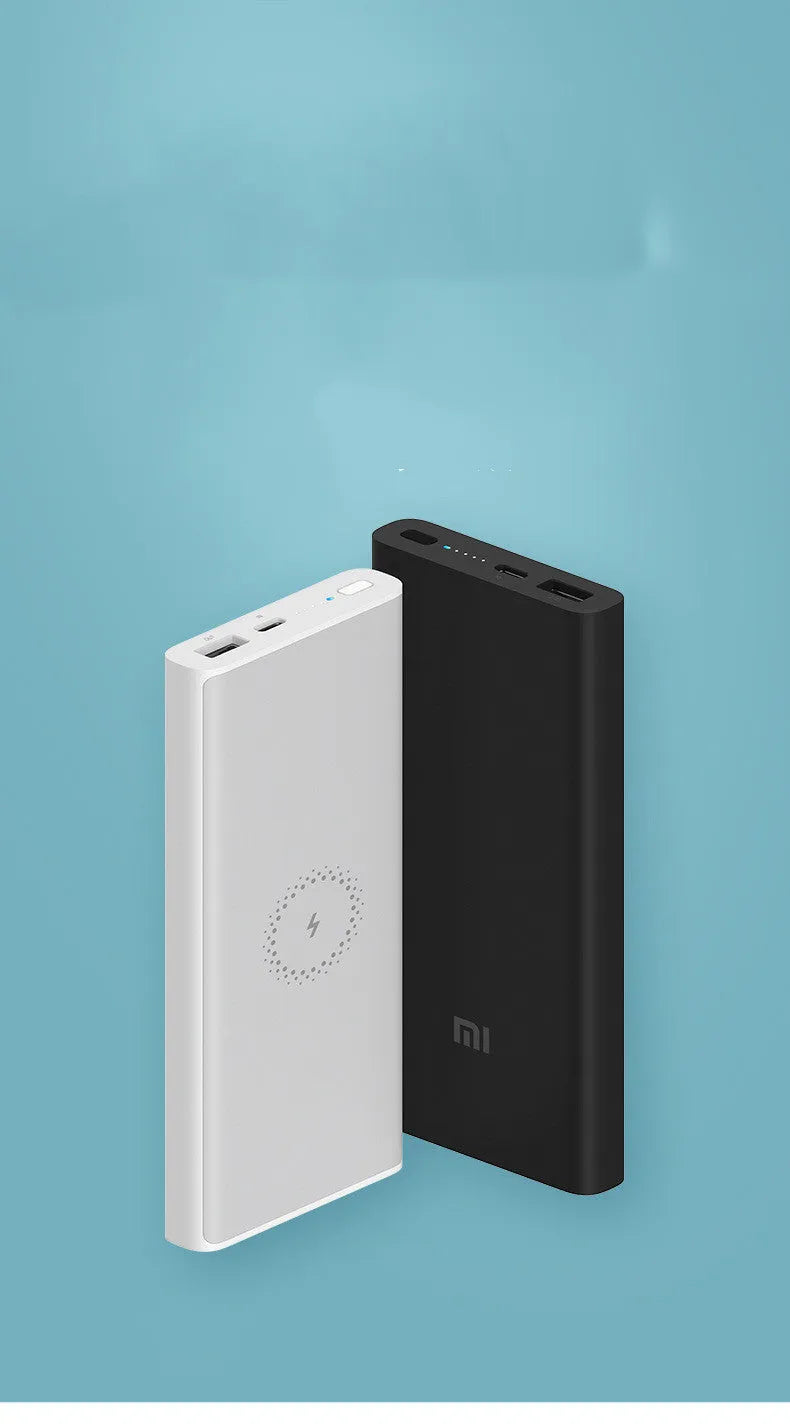 White or black 10000mAh power bank with USB Type-C port and wireless charging surface