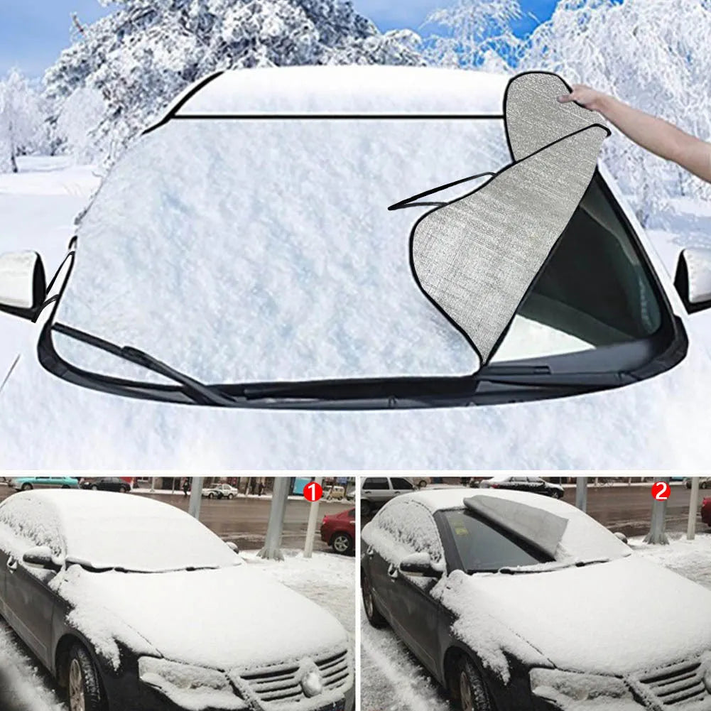 Universal car snow protection cover with aluminium fabric and lanyard installation system