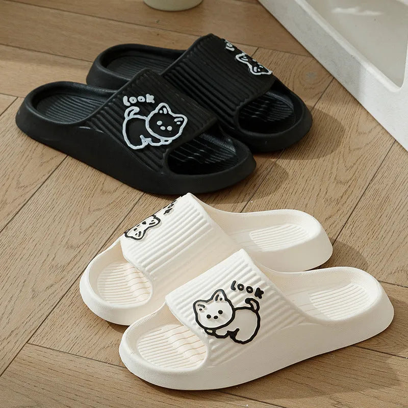 Green cat-themed thick platform sliders with a non-slip EVA sole on a white background.