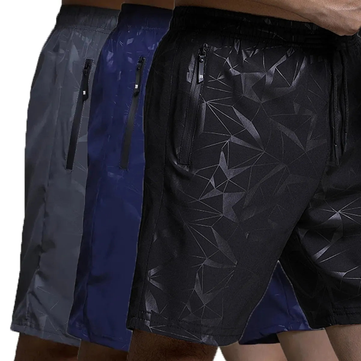Men's loose sports shorts in black, grey, or blue with printed design, elastic waistband, and fifth pants length.