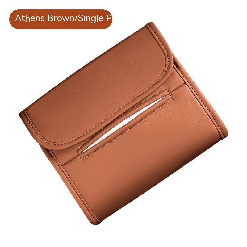 Leather car tissue box with elastic band for sun visor mounting in choice of five colours