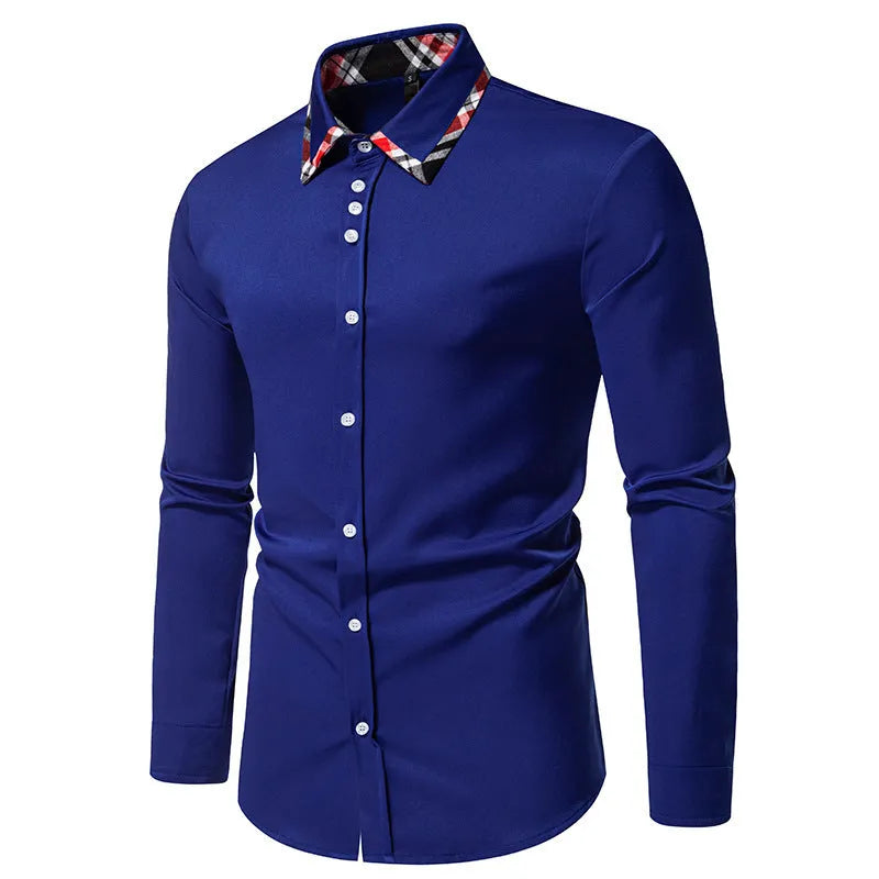 Men's blue plaid shirt with triangle collar and long sleeves, casual style, on hanger