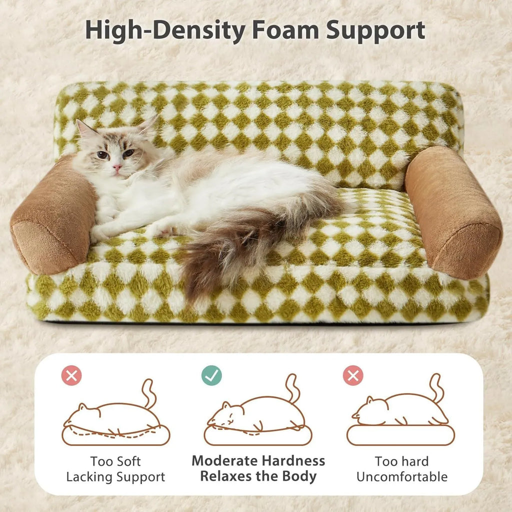Checkered pattern pet sofa bed for small cats and dogs on a wooden floor.