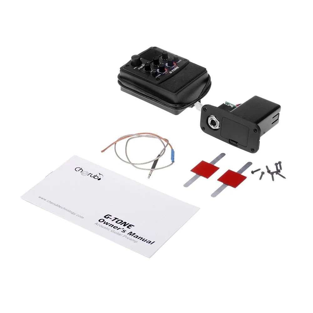 Cherub GT-6 black acoustic guitar soundhole pickup and EQ unit with control knobs.