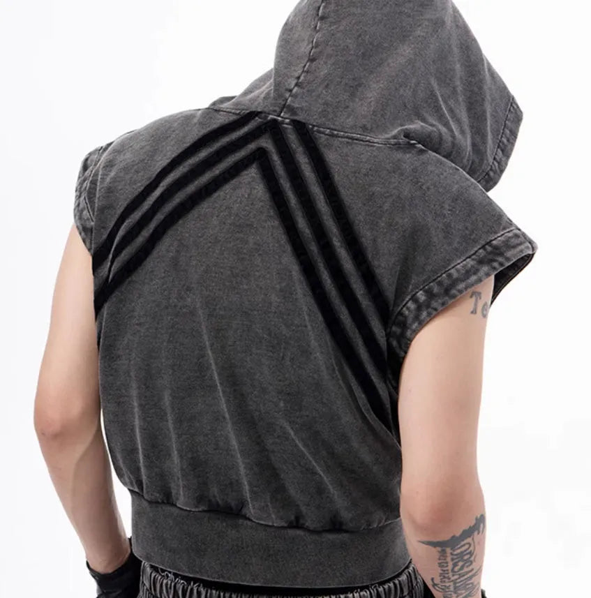 Korean style hooded sleeveless tank top and matching trousers set in black and grey colours