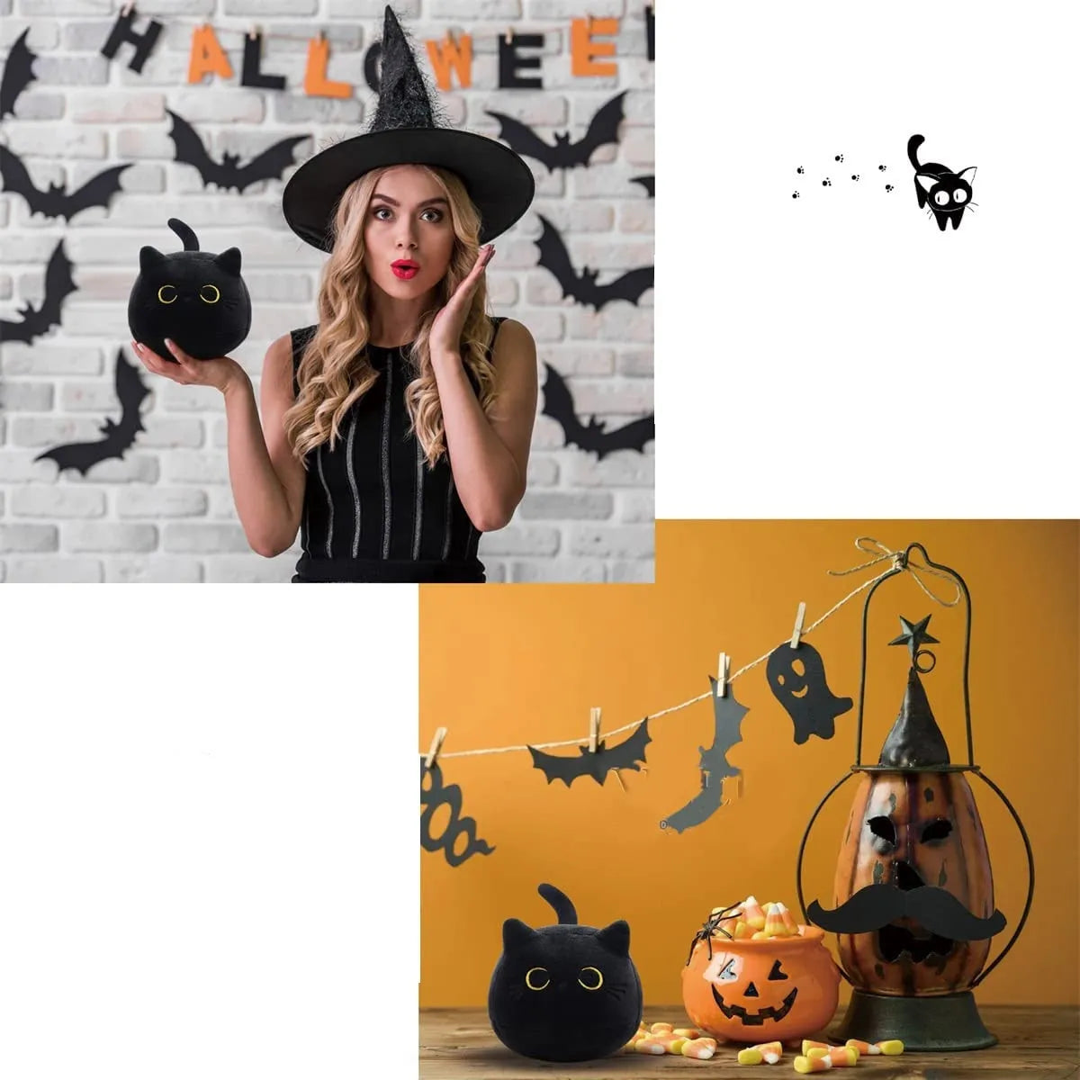 Fluffy black cat plush toy with soft texture, shown as a decorative cushion