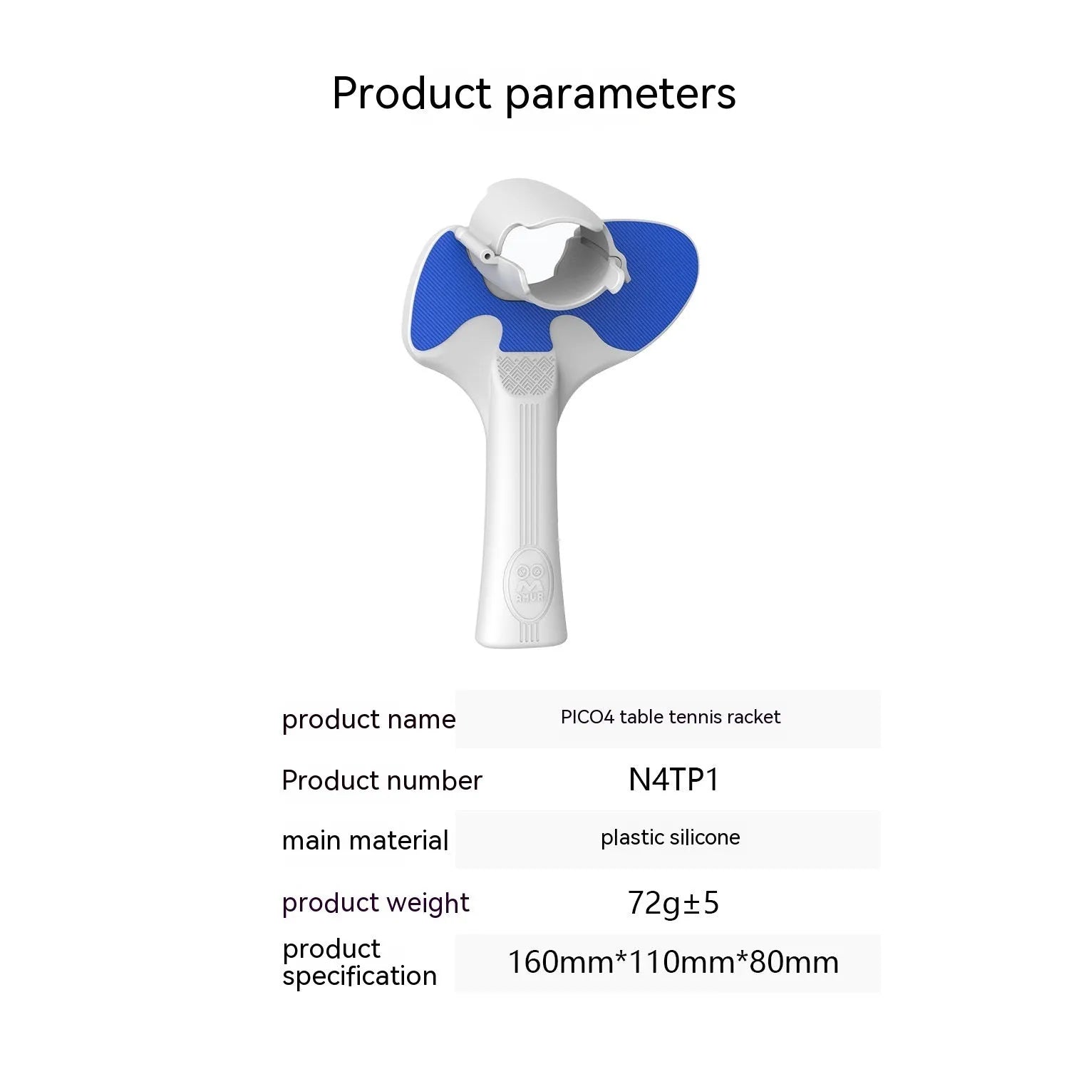 Red and blue plastic silicone handle grip for Pico 4 VR controller, shown as a table tennis racket accessory.