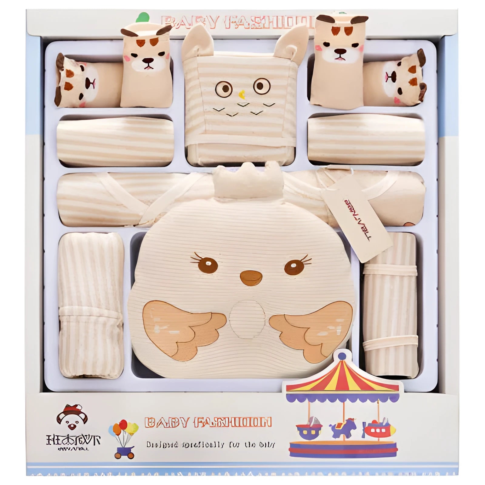 Beige cotton newborn cardigan suit set with printed cartoon animal pattern, long sleeves and single-breasted closure