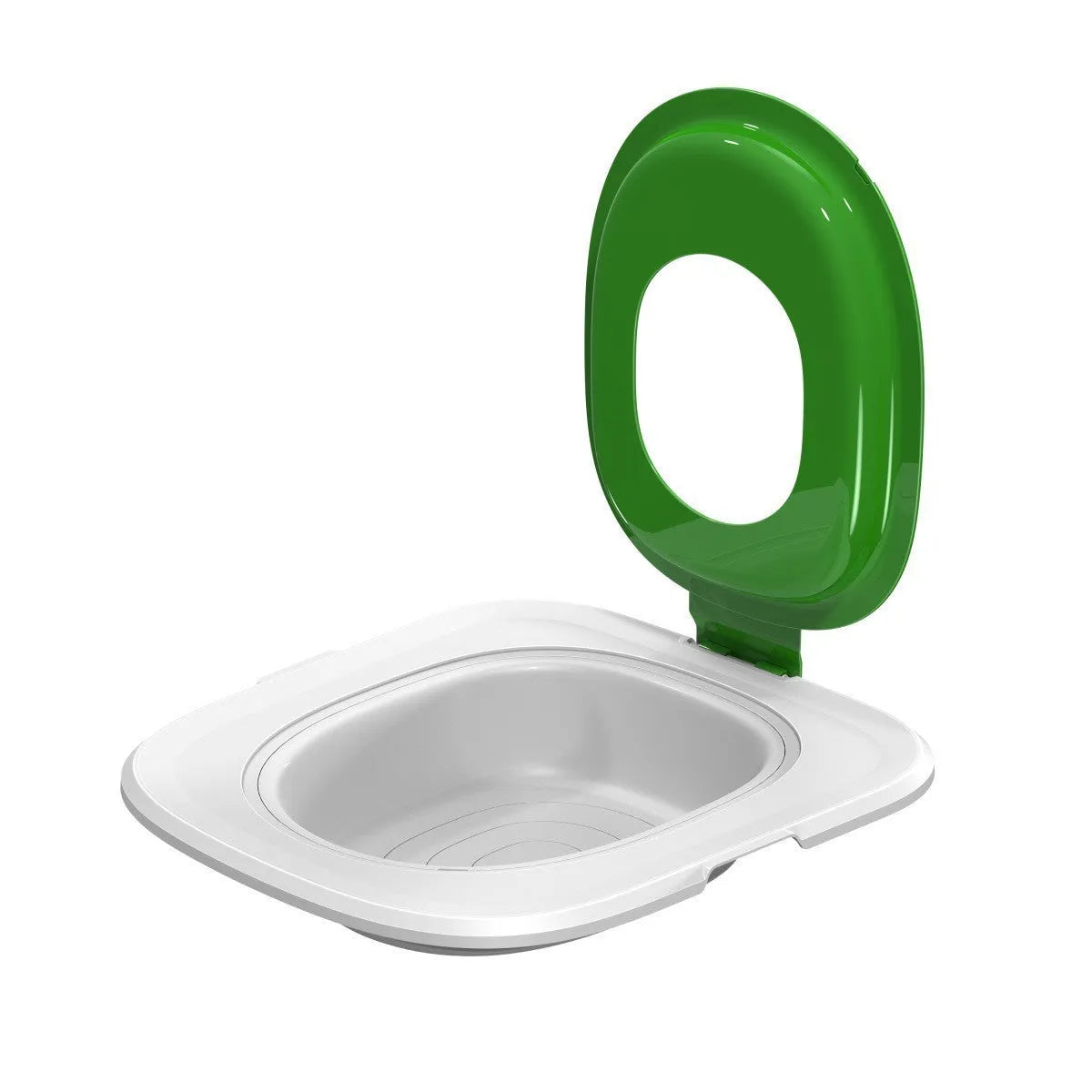 Fifth generation cat toilet trainer in grey, green, or blue with raised edges and low-profile entry