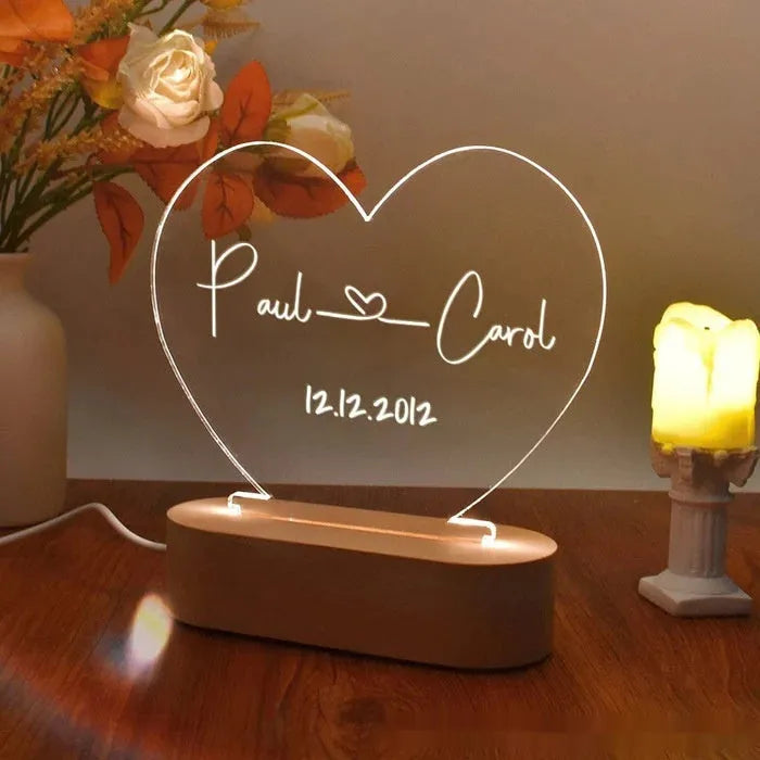 Custom LED night light with personalised text on 20cm x 11.5cm transparent acrylic plate, USB cable connected