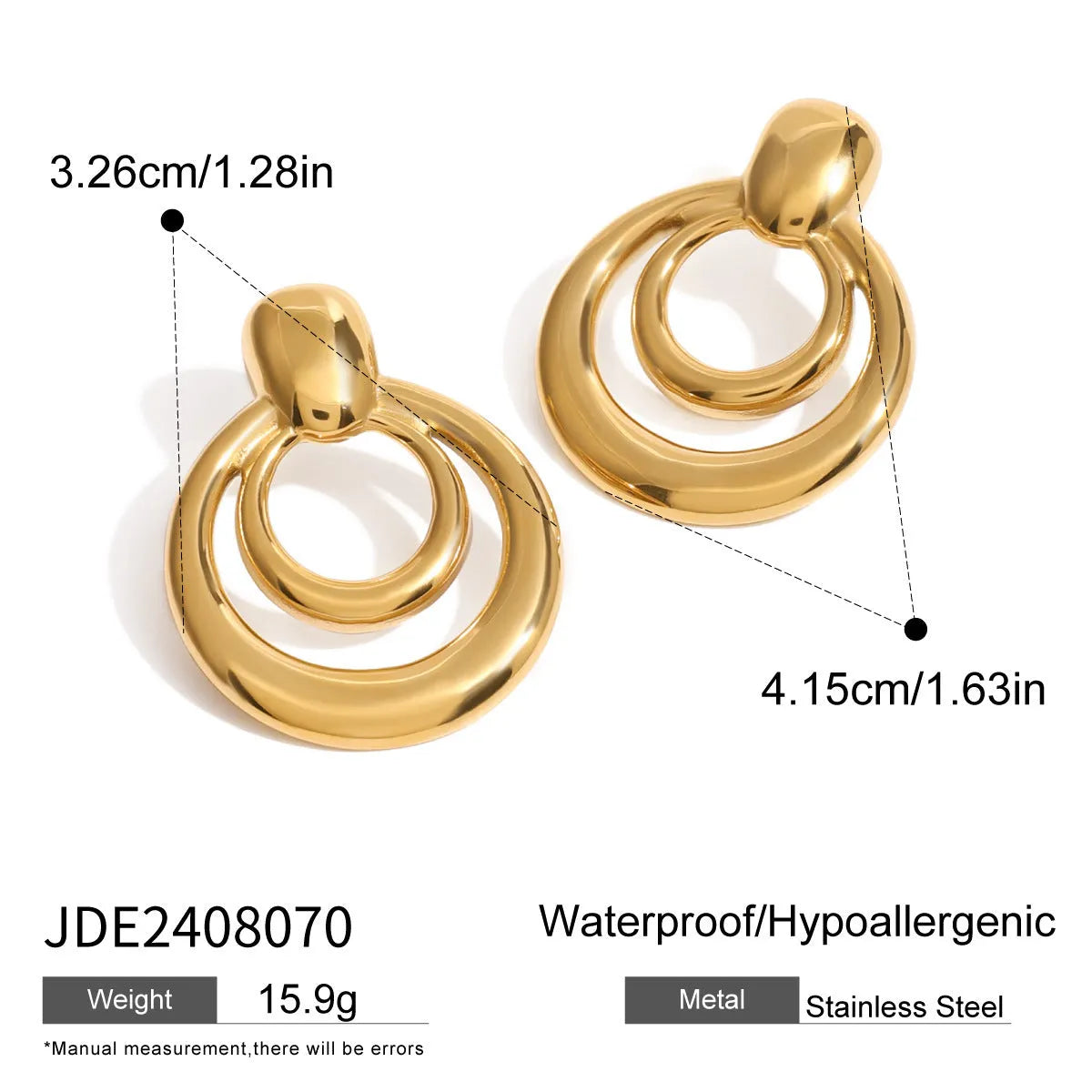 Geometric round gold-plated stud earrings with double-layer hollow design measuring 0.8cm diameter