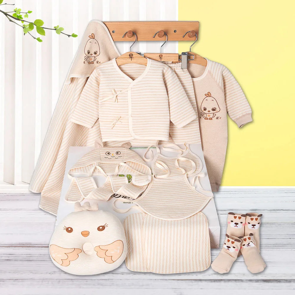 Beige cotton newborn cardigan suit set with printed cartoon animal pattern, long sleeves and single-breasted closure