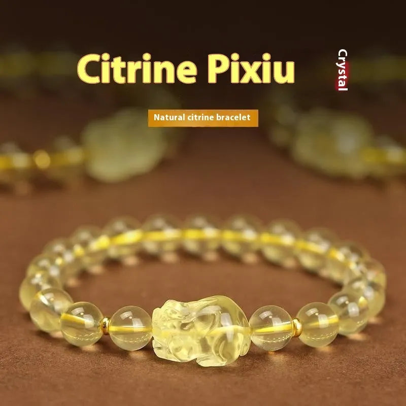 Yellow Citrine Pi Xiu Bracelet with artificial crystal beads on leather cord, sizes 6mm 8mm 10mm